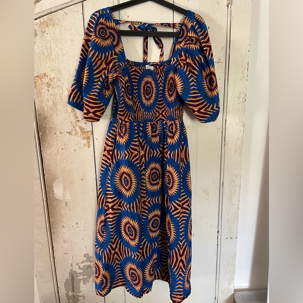 Smocked Kemi Telford midi dress with wide sleeves and square neck